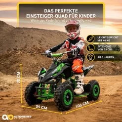 Actionbikes Motors Kinderquad Racer 1000, Pocket-Quad mit 1000 Watt Elektromotor, 3 Batterien, Stoßdämpfer, bis 24 km/h Schwarz/Grün New