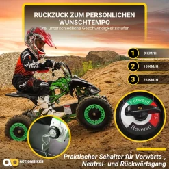 Actionbikes Motors Kinderquad Racer 1000, Pocket-Quad mit 1000 Watt Elektromotor, 3 Batterien, Stoßdämpfer, bis 24 km/h Schwarz/Grün New