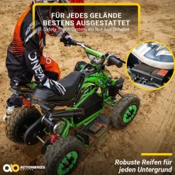 Actionbikes Motors Kinderquad Racer 1000, Pocket-Quad mit 1000 Watt Elektromotor, 3 Batterien, Stoßdämpfer, bis 24 km/h Schwarz/Grün New
