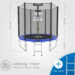 Kinetic Sports Trampolin Outdoor SALTO Ø 183/244/305/366/400/430/490 cm - Kindertrampolin Set mit Leiter, Netz, Randpolster, USA Sprungtuch - Gartentrampolin, bis zu 160kg | Blau Ø 183 cm Ø 183 cm, Blau Best