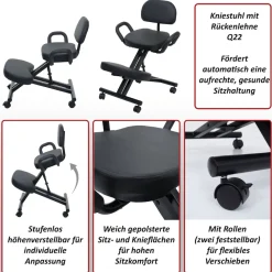 MCW Kniestuhl mit Rückenlehne -Q22, Sitz-/Kniehocker Armlehnen höhenverstellbar Rollen Kunstleder Metall ~ blau Best