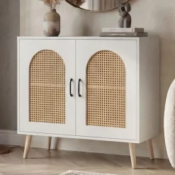 MCW Kommode -P51, Schrank mit Türen Anrichte Staufächer, Poly-Rattan MDF Melamin 79x80x40cm ~ weiß