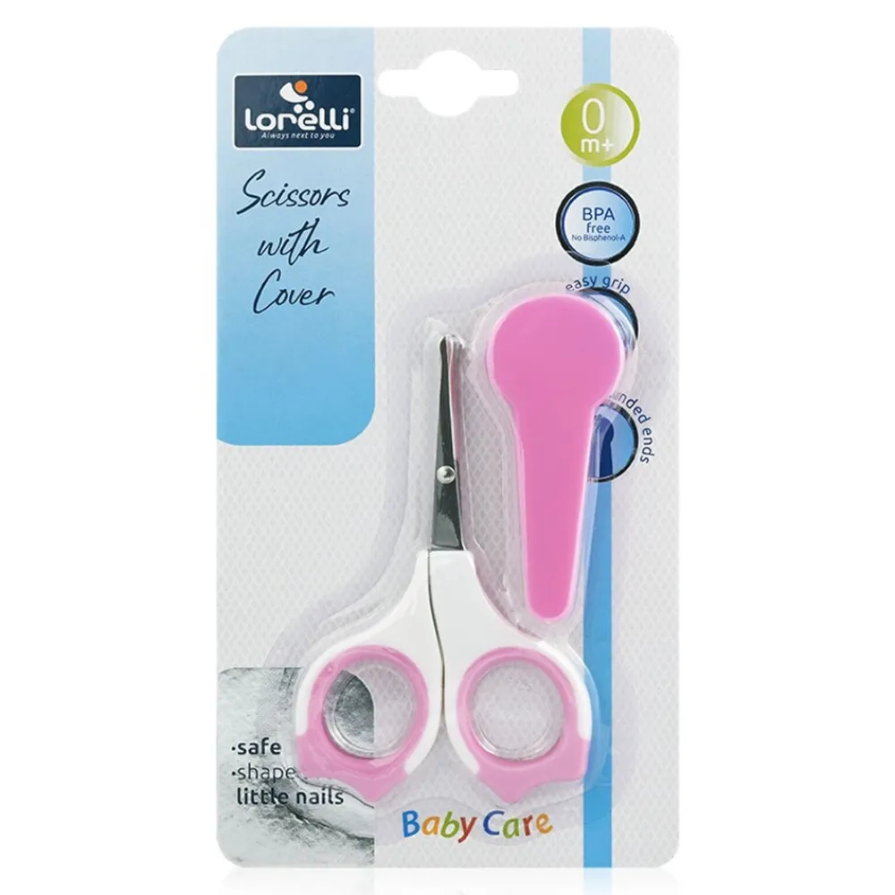 Lorelli Baby Nagelschere Schutzkappe gebogen, Edelstahl, Babyschere, Nagelpflege rosa pink Hot