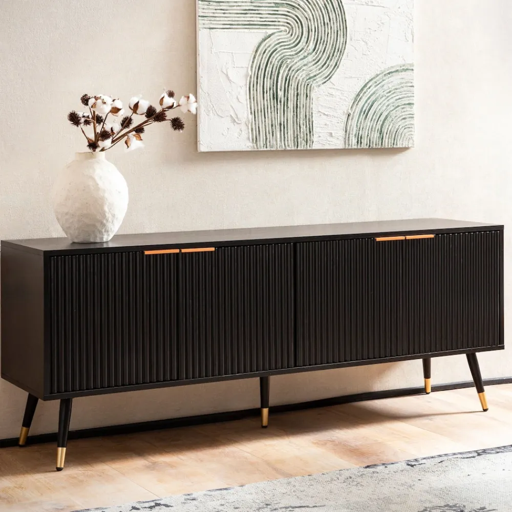 Finebuy Lowboard TV Schrank 150 cm Schwarz Türen Fernsehkommode Eiche Modern Online