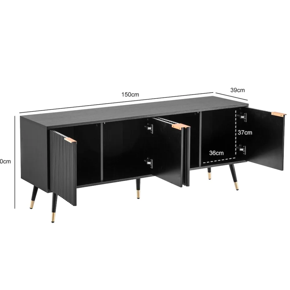 Finebuy Lowboard TV Schrank 150 cm Schwarz Türen Fernsehkommode Eiche Modern Online