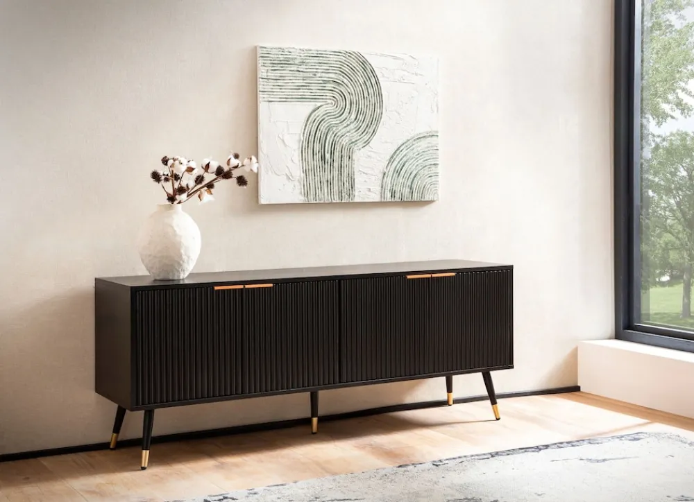 Finebuy Lowboard TV Schrank 150 cm Schwarz Türen Fernsehkommode Eiche Modern Online