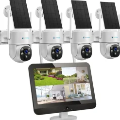 Dual WLAN PTZ Überwachungssystem mit LED Monitor 4MP Solar PTZ Überwachungskamera Mikrofon, Sirene, Smarte Nachtsicht 4 Kameras ^ LUVISION Sale