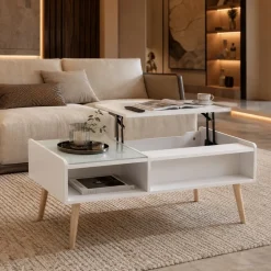 Makika Couchtisch / Wohnzimmertisch mit Glas ausziehbar mit verstecktem Fach in Weiß Clearance