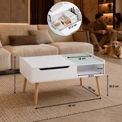 Makika Couchtisch / Wohnzimmertisch mit Glas ausziehbar mit verstecktem Fach in Weiß Clearance
