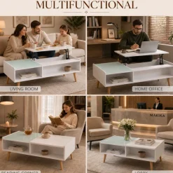 Makika Couchtisch / Wohnzimmertisch mit Glas ausziehbar mit verstecktem Fach in Weiß Clearance