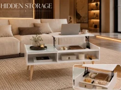 Makika Couchtisch / Wohnzimmertisch mit Glas ausziehbar mit verstecktem Fach in Weiß Clearance