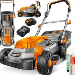 ® Akku Rasenmäher ECO-X10 inkl. 1 oder 2 Akkus Li-Ion Batterie 4 Ah & Doppel-Ladegerät – Rasentrimmer, 25-75mm Schnitthöhenverstellung, 33/37/43cm Schnittbreite, Inkl. Handschuhe & Bürste ^ MASKO