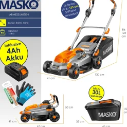 ® Akku Rasenmäher ECO-X10 inkl. 1 oder 2 Akkus Li-Ion Batterie 4 Ah & Doppel-Ladegerät – Rasentrimmer, 25-75mm Schnitthöhenverstellung, 33/37/43cm Schnittbreite, Inkl. Handschuhe & Bürste ^ MASKO