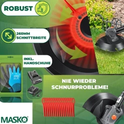 ® Akku-Rasentrimmer mit 20 V Li-Akku, 2,0 Ah Akku und Ladegerät, Motorsense 26 cm Schnittkreis, 180° Trimmwinkel, Teleskop-Stiel & Zusatzhandgriff, inkl. 20 Messer Kunststoffklinge ^ MASKO New