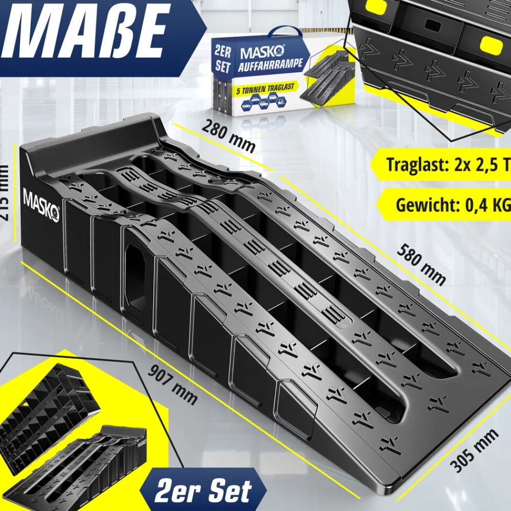 ® Auffahrrampe 2er Set | Auffahrkeile bis 5 t Traglast | KFZ-Rampe mit Überfahrschutz | Verladerampe rutschfest, robust und extra breit | Garagenrampen Autorampe Ölwechsel und Reparatur ^ MASKO Best