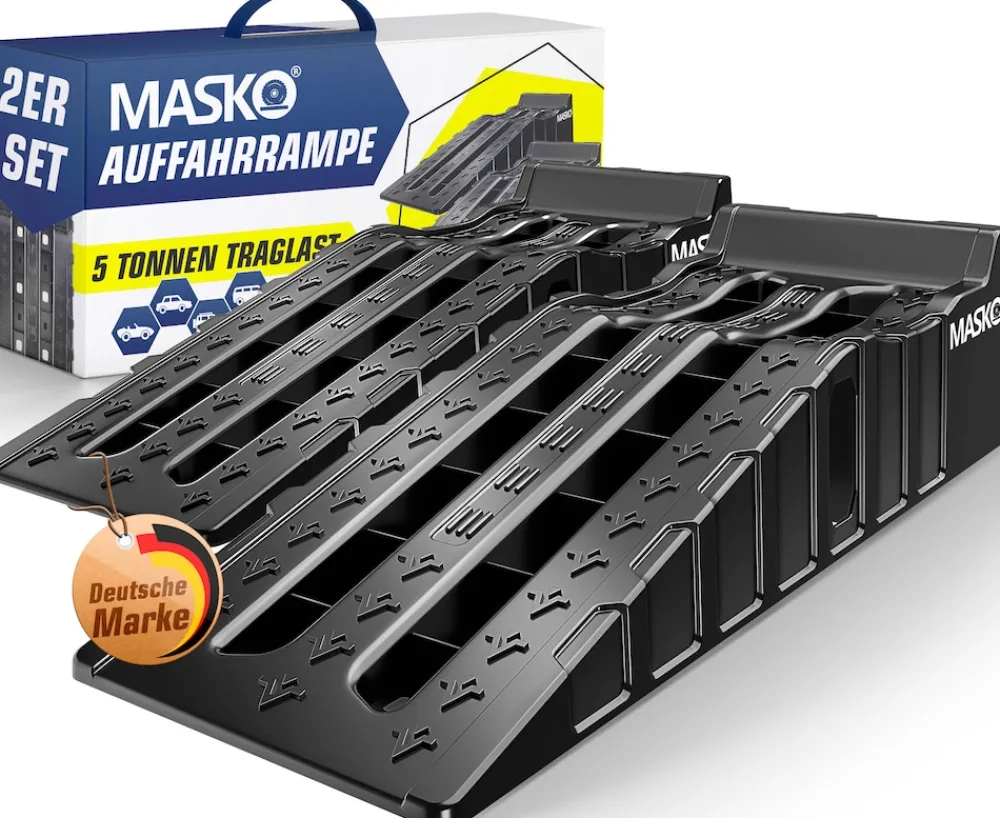 ® Auffahrrampe 2er Set | Auffahrkeile bis 5 t Traglast | KFZ-Rampe mit Überfahrschutz | Verladerampe rutschfest, robust und extra breit | Garagenrampen Autorampe Ölwechsel und Reparatur ^ MASKO Best