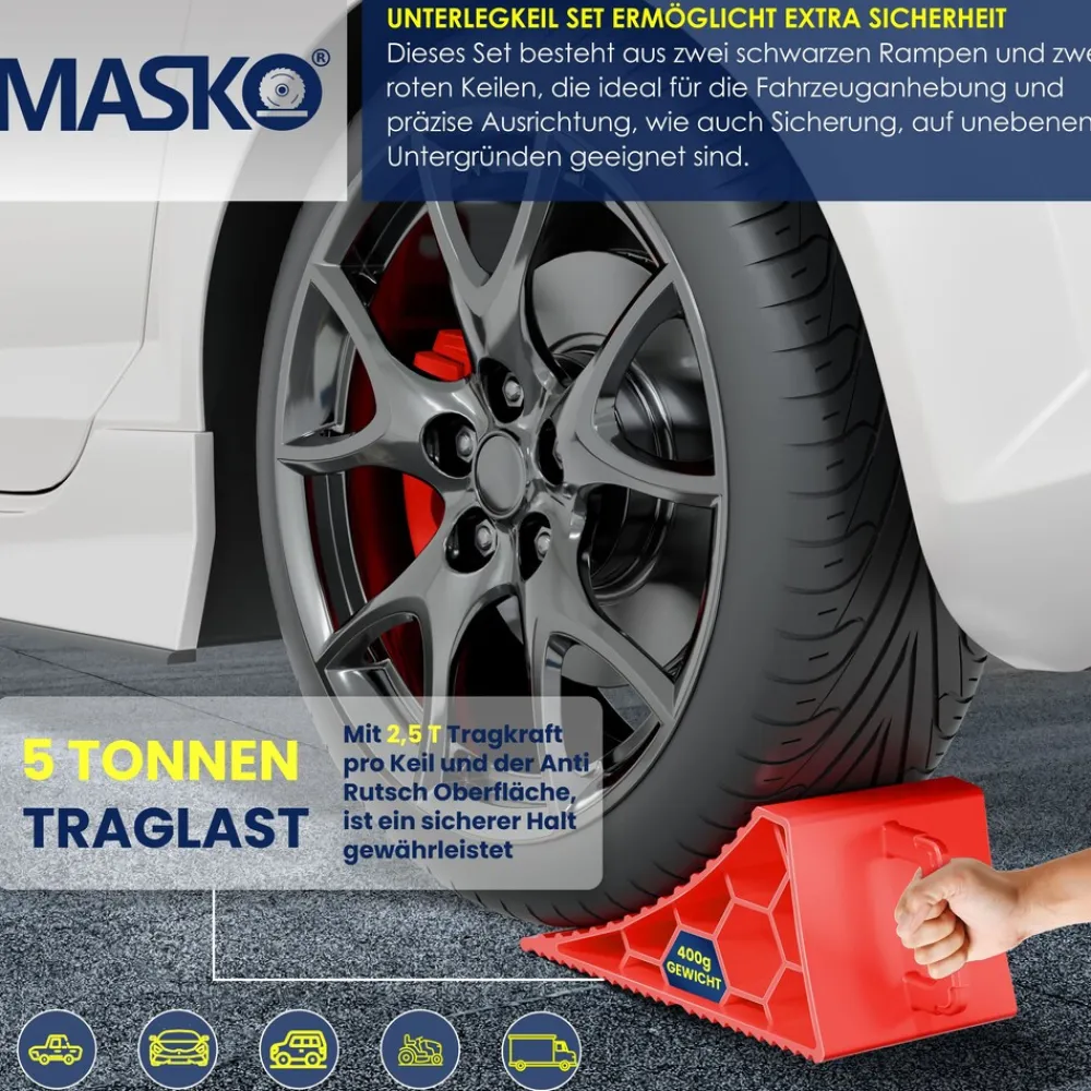 ® Auffahrrampe 2er Set | Auffahrkeile bis 5 t Traglast | KFZ-Rampe mit Überfahrschutz | Verladerampe rutschfest, robust und extra breit | Garagenrampen Autorampe Ölwechsel und Reparatur ^ MASKO Best