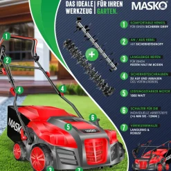 ® - Elektro 2in1 Vertikutierer Rasenlüfter 1800 Watt 40cm Arbeitsbreite 55L Fangkorb inkl. Lüfterwalze Lüfter Moosentferner, 5-stufige Arbeitstiefe einstellbar , höhenverstellbarer Holm ^ MASKO Discount