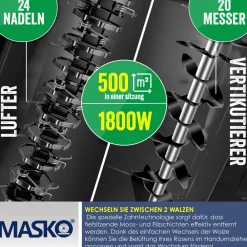 ® - Elektro 2in1 Vertikutierer Rasenlüfter 1800 Watt 40cm Arbeitsbreite 55L Fangkorb inkl. Lüfterwalze Lüfter Moosentferner, 5-stufige Arbeitstiefe einstellbar , höhenverstellbarer Holm ^ MASKO Discount