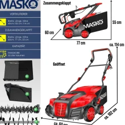 ® - Elektro 2in1 Vertikutierer Rasenlüfter 1800 Watt 40cm Arbeitsbreite 55L Fangkorb inkl. Lüfterwalze Lüfter Moosentferner, 5-stufige Arbeitstiefe einstellbar , höhenverstellbarer Holm ^ MASKO Discount