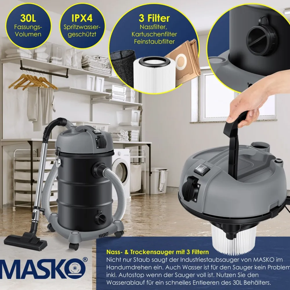® Industriestaubsauger Staubsauger 6IN1 Nass & Trockensauger Aschesauger 2300W mit Steckdose & Blasfunktion | Trocken & Nass-Saugen | Industrie-Sauger mit Beutel & beutellos nutzbar, inkl. Filter ^ MASKO Hot