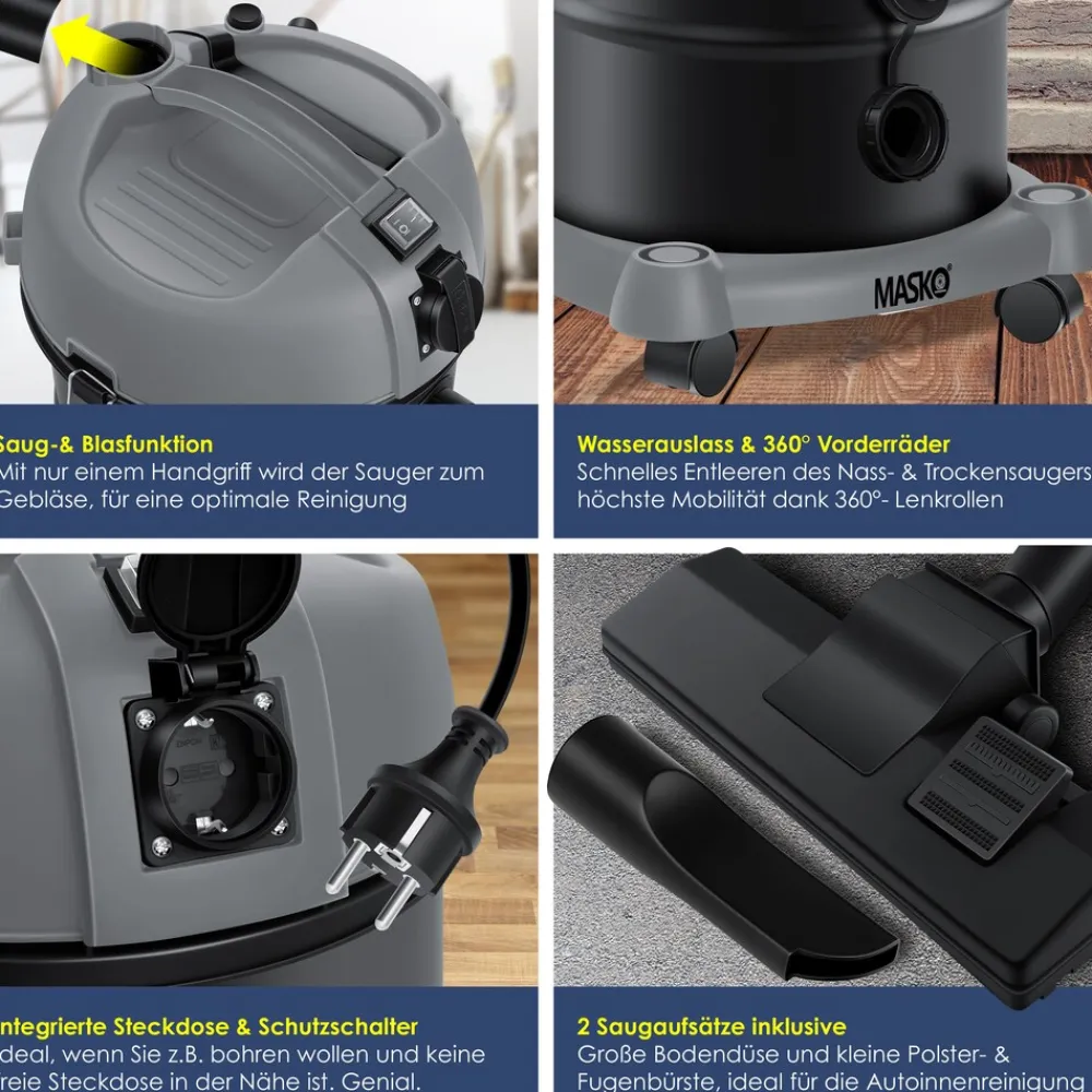 ® Industriestaubsauger Staubsauger 6IN1 Nass & Trockensauger Aschesauger 2300W mit Steckdose & Blasfunktion | Trocken & Nass-Saugen | Industrie-Sauger mit Beutel & beutellos nutzbar, inkl. Filter ^ MASKO Hot