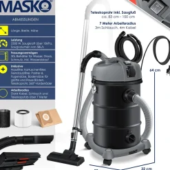 ® Industriestaubsauger Staubsauger 6IN1 Nass & Trockensauger Aschesauger 2300W mit Steckdose & Blasfunktion | Trocken & Nass-Saugen | Industrie-Sauger mit Beutel & beutellos nutzbar, inkl. Filter ^ MASKO Hot