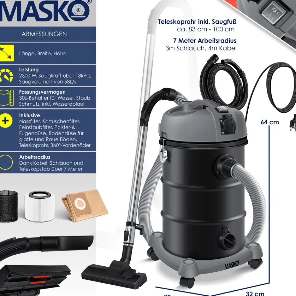 ® Industriestaubsauger Staubsauger 6IN1 Nass & Trockensauger Aschesauger 2300W mit Steckdose & Blasfunktion | Trocken & Nass-Saugen | Industrie-Sauger mit Beutel & beutellos nutzbar, inkl. Filter ^ MASKO Hot