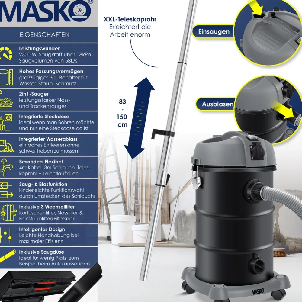 ® Industriestaubsauger Staubsauger 6IN1 Nass & Trockensauger Aschesauger 2300W mit Steckdose & Blasfunktion | Trocken & Nass-Saugen | Industrie-Sauger mit Beutel & beutellos nutzbar, inkl. Filter ^ MASKO Hot