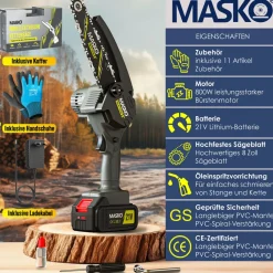 MASKO ® Mini-Kettensäge mit Akku 8000mAh | Handkettensäge Elektro mit 2 Akku 4000mAh für Gartenscheren/Astscheren/Holzschneiden | Motorsäge 800W automatisches Ölsystem Schwarz / Orange Discount