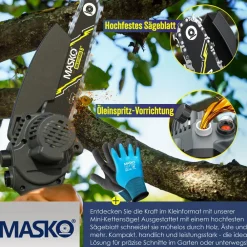 MASKO ® Mini-Kettensäge mit Akku 8000mAh | Handkettensäge Elektro mit 2 Akku 4000mAh für Gartenscheren/Astscheren/Holzschneiden | Motorsäge 800W automatisches Ölsystem Schwarz / Orange Discount