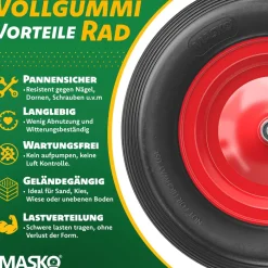 MASKO ® PU Schubkarrenrad Vollgummi 200 kg pannensicher 4.80/4.00-8 Ø 390mm inkl. Achse Ersatzrad Gummirad Stahlfelge Reifen pannensicher für Schubkarre Gartenkarren pannensicheres PU Rad Schwarz / Rot Outlet