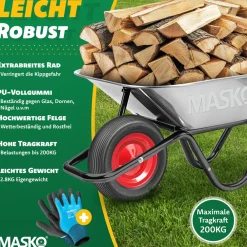 MASKO ® PU Schubkarrenrad Vollgummi 200 kg pannensicher 4.80/4.00-8 Ø 390mm inkl. Achse Ersatzrad Gummirad Stahlfelge Reifen pannensicher für Schubkarre Gartenkarren pannensicheres PU Rad Schwarz / Rot Outlet