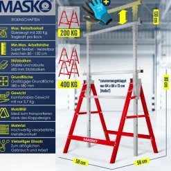 ® Teleskop-Arbeitsbock Untergestell | Klappbock max. Belastbarkeit 200 kg | Unterstellbock höhenverstellbar Min. / max. Arbeitshöhe 800-1300 mm | Gerüstbock inkl. Handschuhe ^ MASKO New