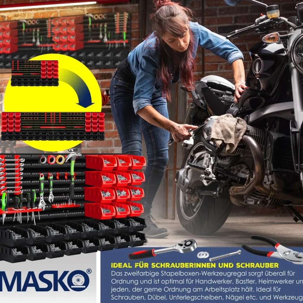 ® Wandregal + Stapelboxen + Werkzeughalter | 45 tlg Box | Erweiterbar | Werkstattregal Lagerregal Steckregal Set Box | Sichtlagerkästen | Kleinteilemagazin | Sortimentskasten | Werkstatt