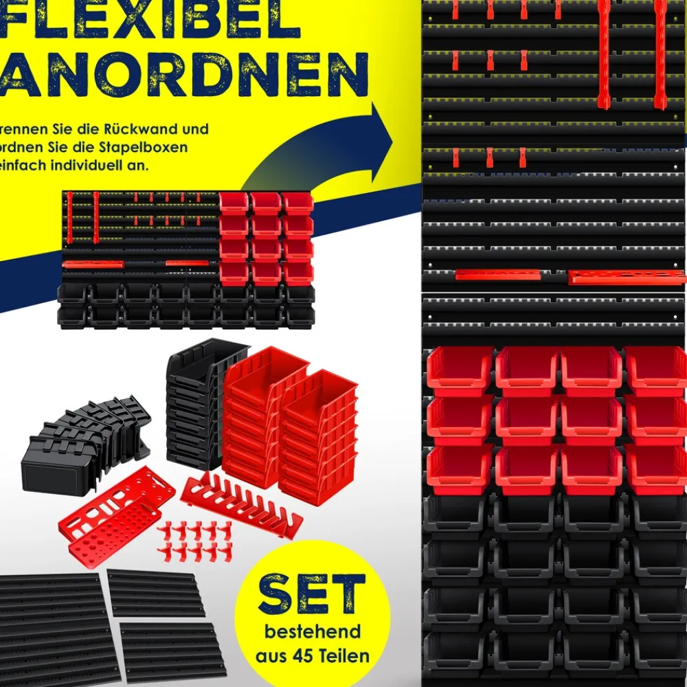 ® Wandregal + Stapelboxen + Werkzeughalter | 45 tlg Box | Erweiterbar | Werkstattregal Lagerregal Steckregal Set Box | Sichtlagerkästen | Kleinteilemagazin | Sortimentskasten | Werkstatt