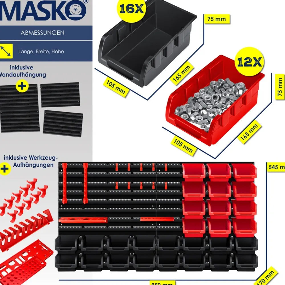 ® Wandregal + Stapelboxen + Werkzeughalter | 45 tlg Box | Erweiterbar | Werkstattregal Lagerregal Steckregal Set Box | Sichtlagerkästen | Kleinteilemagazin | Sortimentskasten | Werkstatt