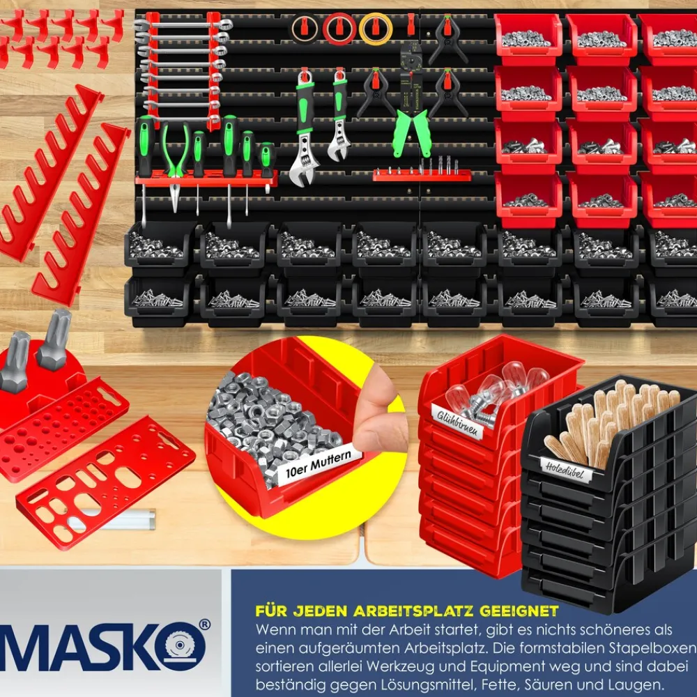 ® Wandregal + Stapelboxen + Werkzeughalter | 45 tlg Box | Erweiterbar | Werkstattregal Lagerregal Steckregal Set Box | Sichtlagerkästen | Kleinteilemagazin | Sortimentskasten | Werkstatt
