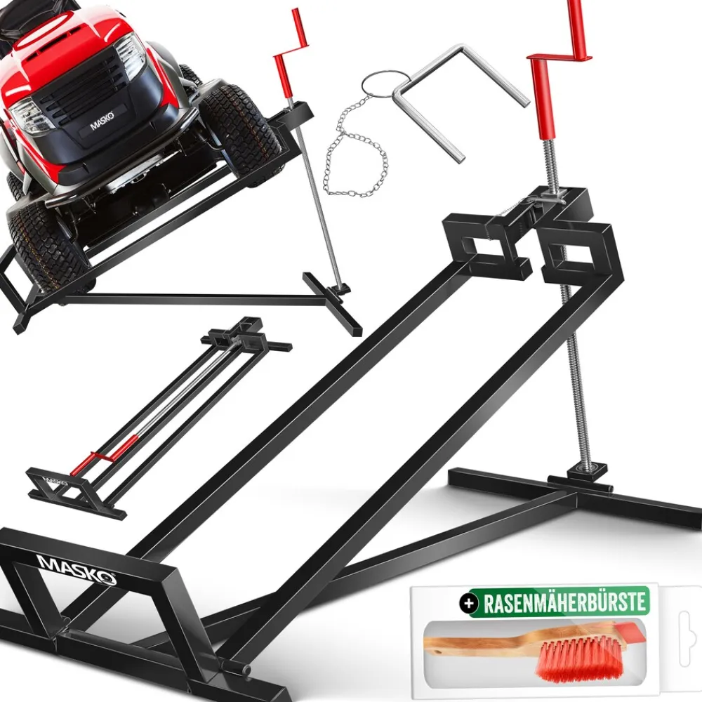 ® XXL Rasentraktorheber 450 kg Hebevorrichtung Hebebühne Aufsitzmäher – Rasentraktor Heber, 45° verstellbar, universal Reinigungshilfe mit Zubehör & Adapter (je nach Wahl) ^ MASKO Clearance