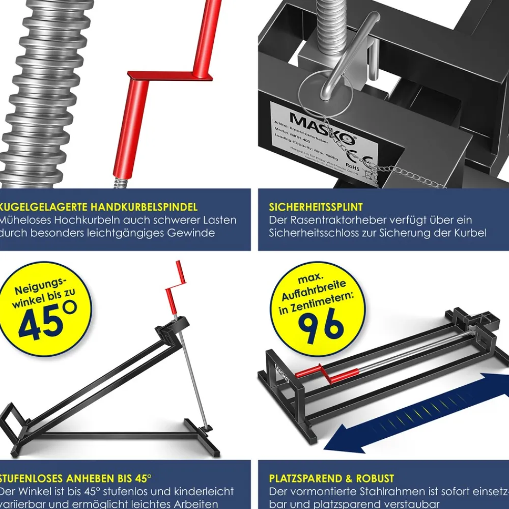 ® XXL Rasentraktorheber 450 kg Hebevorrichtung Hebebühne Aufsitzmäher – Rasentraktor Heber, 45° verstellbar, universal Reinigungshilfe mit Zubehör & Adapter (je nach Wahl) ^ MASKO Clearance