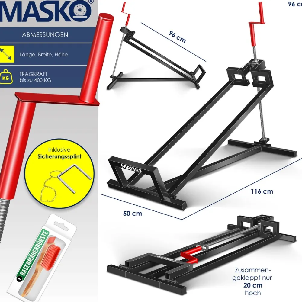 ® XXL Rasentraktorheber 450 kg Hebevorrichtung Hebebühne Aufsitzmäher – Rasentraktor Heber, 45° verstellbar, universal Reinigungshilfe mit Zubehör & Adapter (je nach Wahl) ^ MASKO Clearance