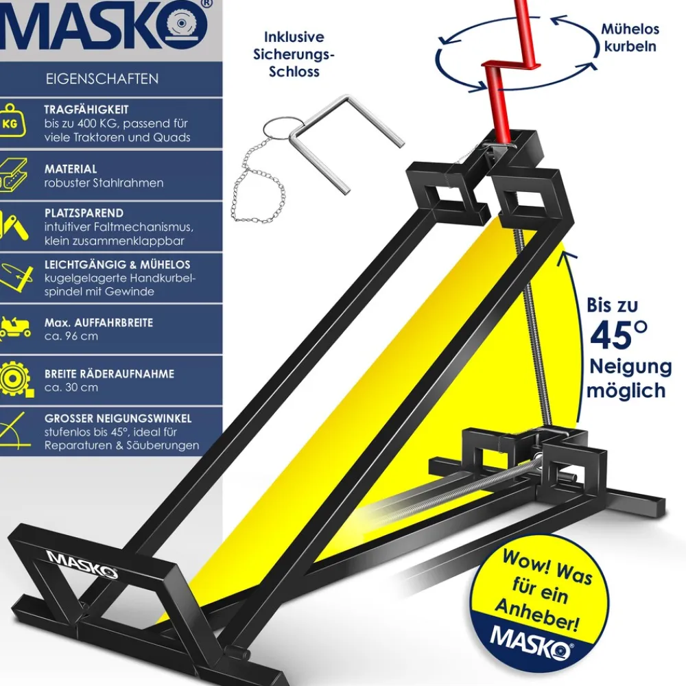 ® XXL Rasentraktorheber 450 kg Hebevorrichtung Hebebühne Aufsitzmäher – Rasentraktor Heber, 45° verstellbar, universal Reinigungshilfe mit Zubehör & Adapter (je nach Wahl) ^ MASKO Clearance