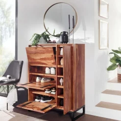 Finebuy Massivholz Schuhschrank 90cm Sheesham Schuhkipper Schuhkommode für Garderobe Flur Schuhregal