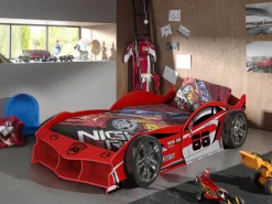 vipack MAX Autobett 90x200 cm, inkl. Lattenrost, Ausf. MDF glänzend rot lackiert mit Racing Motiven Outlet