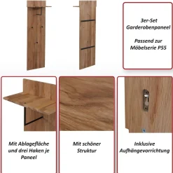 3er-Set Garderobenpaneel MCW-P55, Wandgarderobe Garderobe, Massiv-Holz Ablagefläche Haken, Eiche ^ MCA Outlet