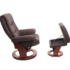 MCA Relaxsessel MCW-J42, Fernsehsessel TV-Sessel Hocker, Stoff ~ schwarz-braun Wildleder-Imitat, Gestell Walnuss-Optik