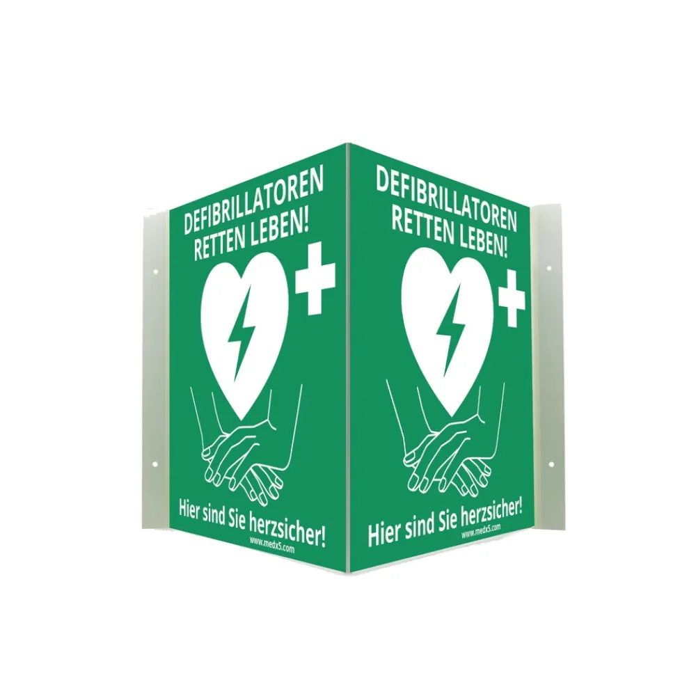 MEDX5 Defibrillator AED-Standort-Winkelschild, nachleuchtend, 20 cm x 20 cm Clearance