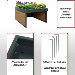 MCW Mähroboter-Garage mit Pflanzkasten -L45, Dach Unterstand für Rasenmäher, WPC Metall 40x60x73cm ~ Eiche-Optik