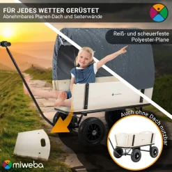 Miweba Holz-Bollerwagen Canvas, mit Dach, deichselgeführte Lenkachse, 180 kg, Profilreifen, Stahl Grau Best