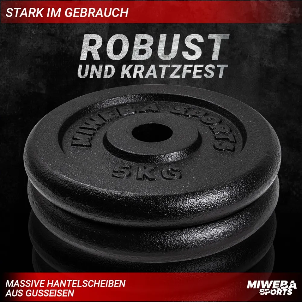 Miweba Sports Hantelscheiben HSG50, 2x 5 kg Hantel-Gewichte, passend für Ø 30mm, Set, Gusseisen New